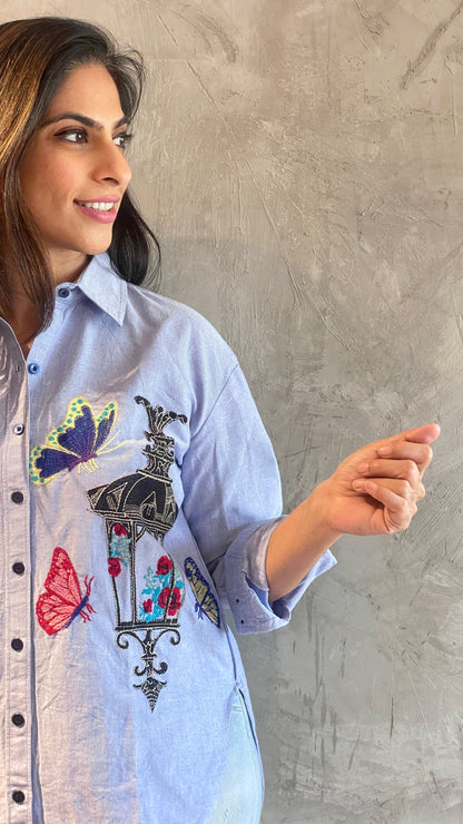 Blue Denim Shirt with Embroidered Front