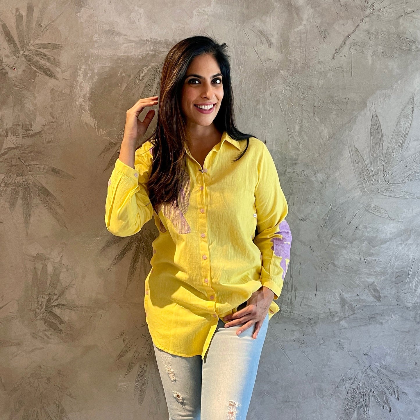 Yellow Cotton Shirt with Embroidered Sleeves and Shoulder