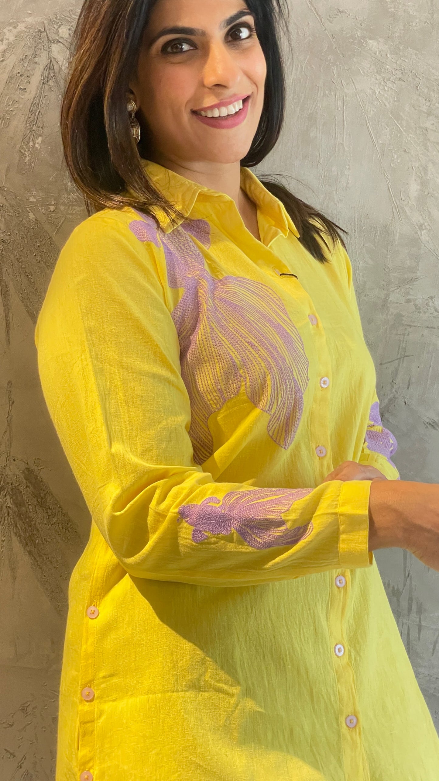 Yellow Cotton Shirt with Embroidered Sleeves and Shoulder