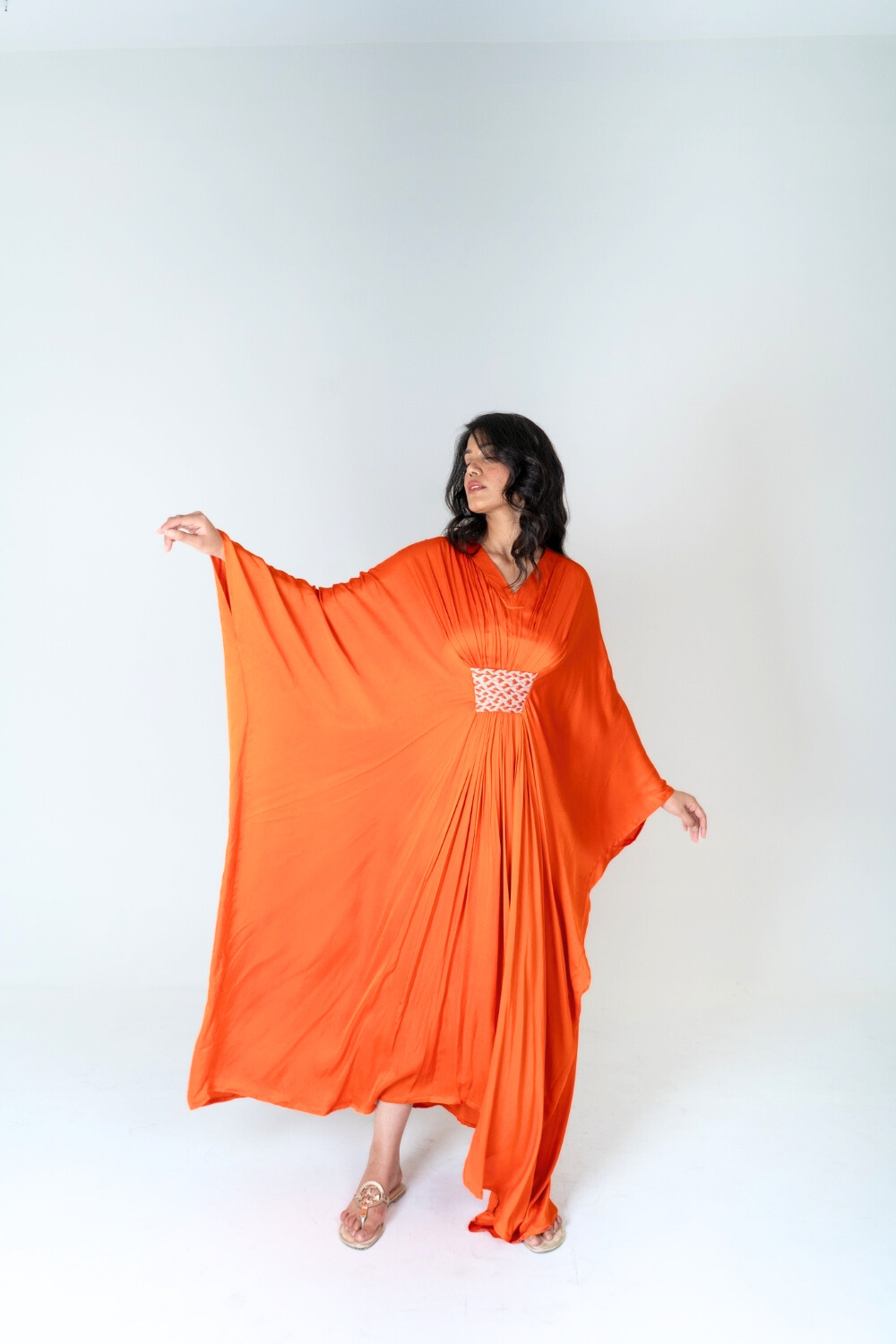 The Sunset Glow Kaftan | Orange Pleated Resort Wear
