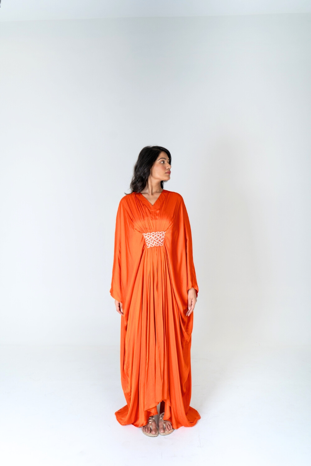 The Sunset Glow Kaftan | Orange Pleated Resort Wear