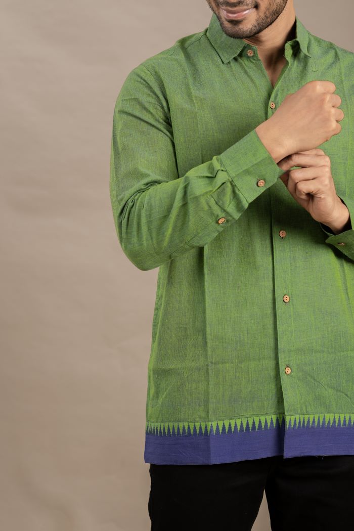 The Varma Shirt | Leaf Green with Indigo Border