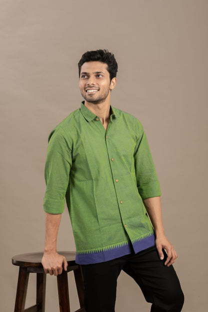 The Varma Shirt | Leaf Green with Indigo Border
