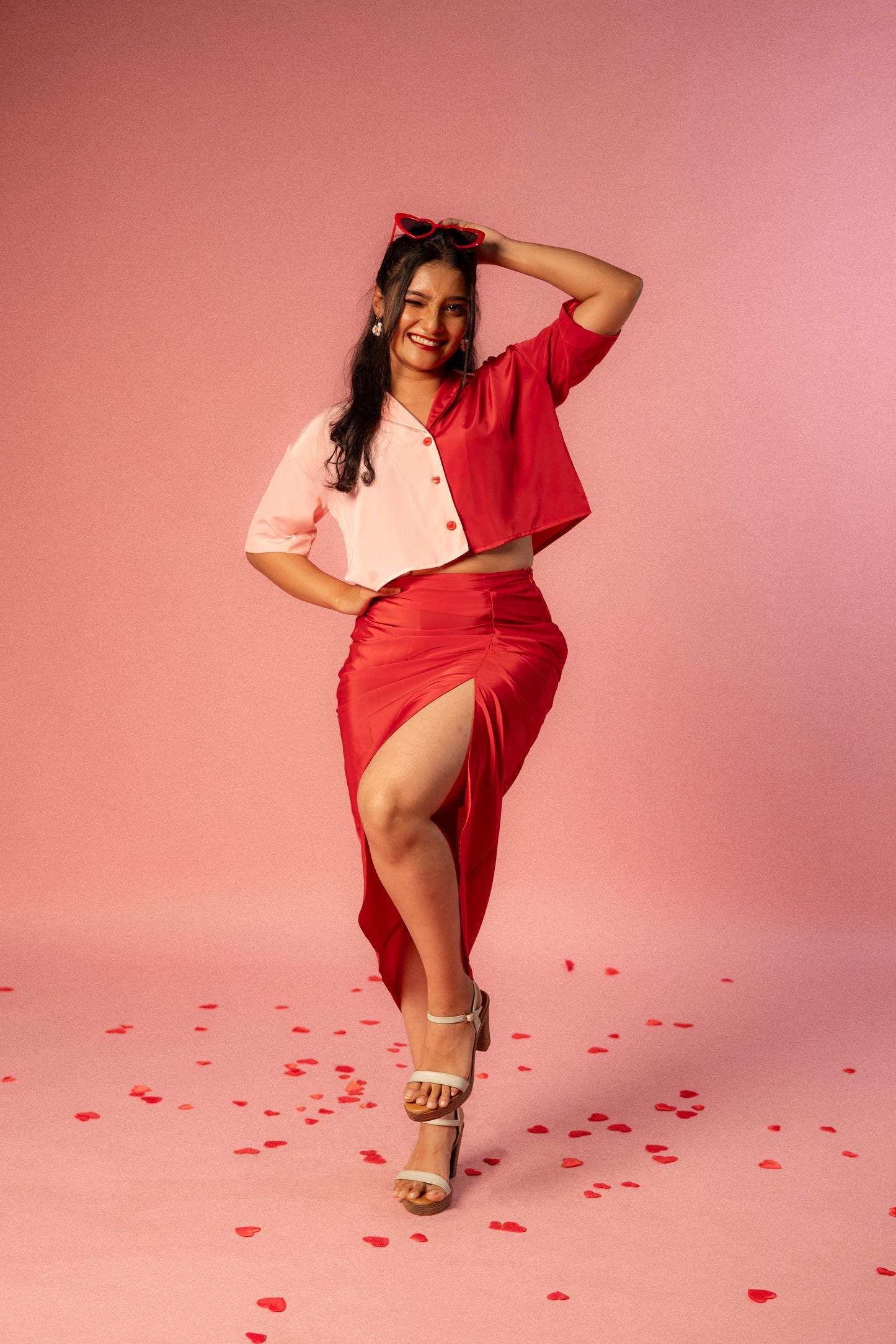 Sruthi Two-Shaded Crop Shirt & Red Draped Skirt Set