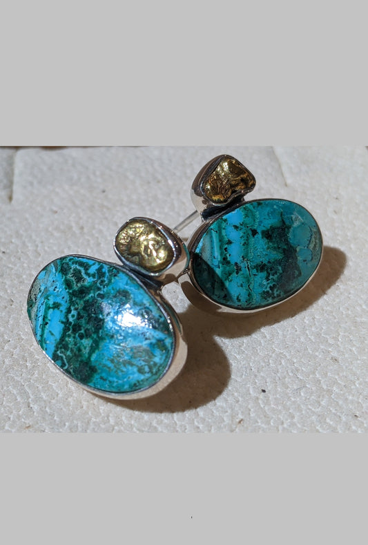 Brass and Malachite Stud Earrings