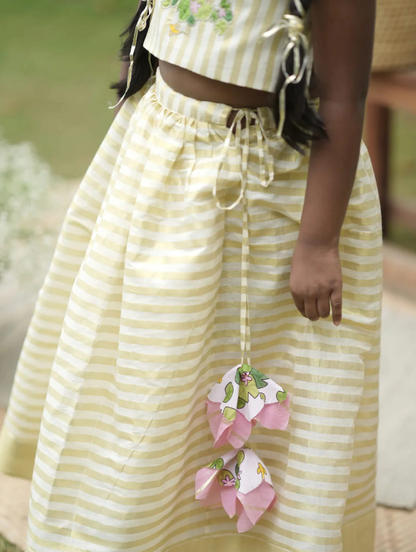 Zara Kamalam Embroidered Blouse + Onam Kasavu Stripe Skirt Set