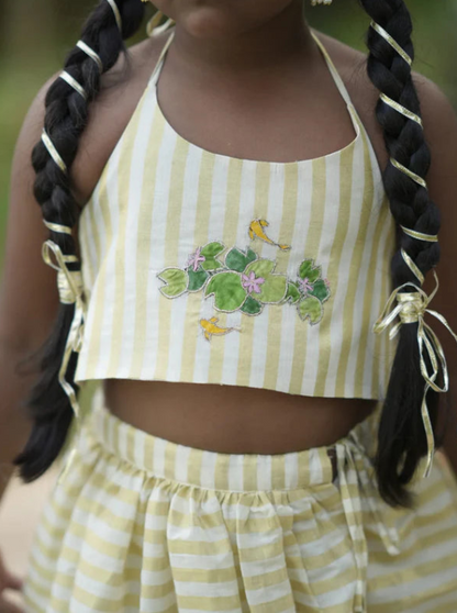 Zara Kamalam Embroidered Blouse + Onam Kasavu Stripe Skirt Set