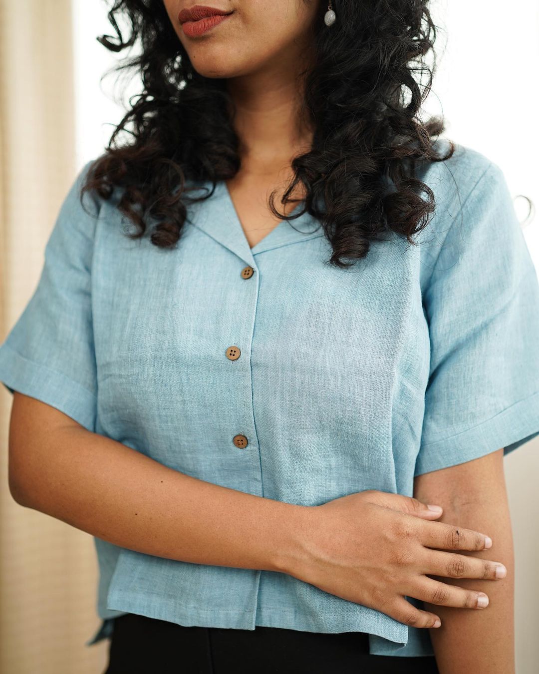 Light Blue Linen Crop Shirt