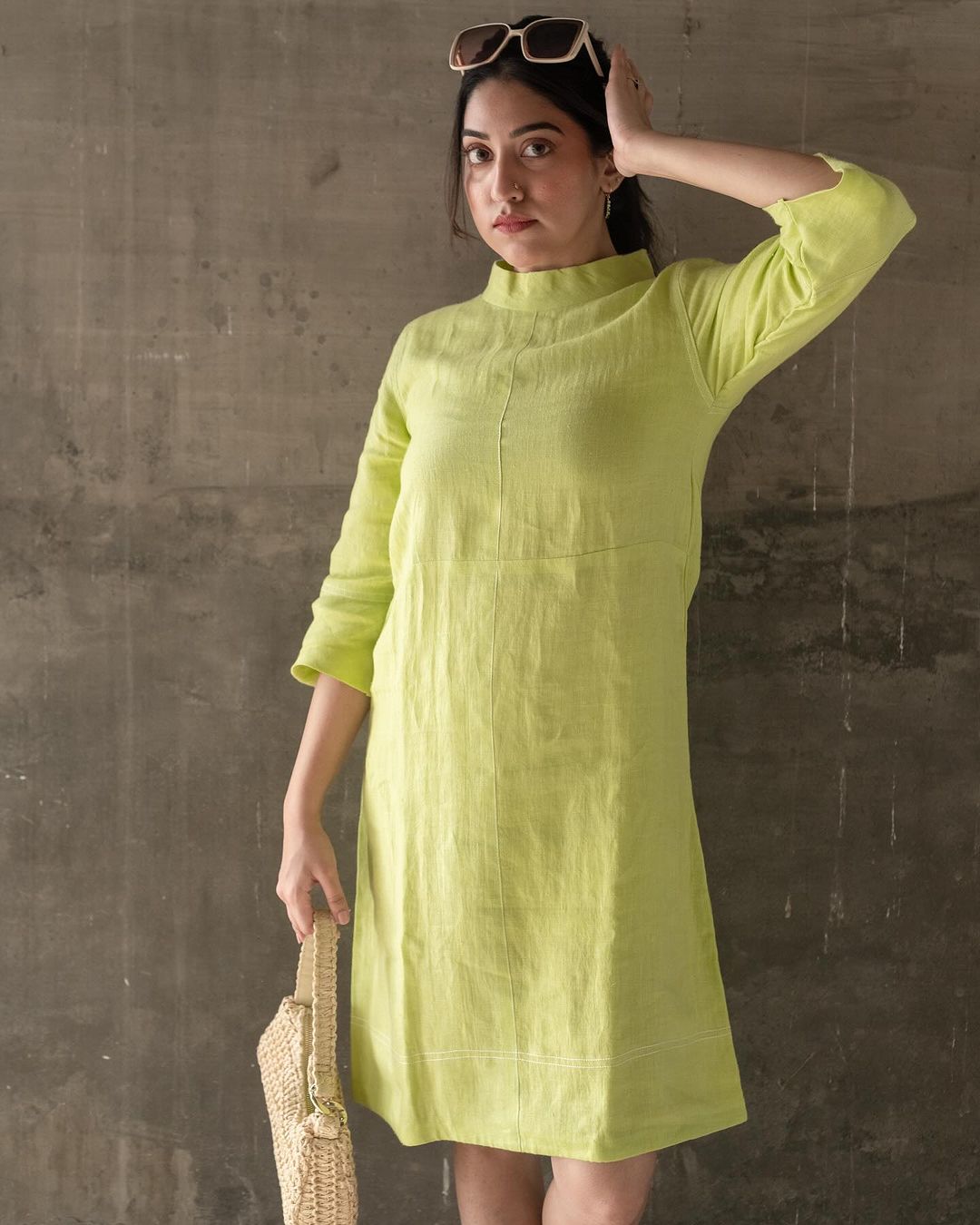 Vibrant Lime Green Back Zip Mid Linen Dress