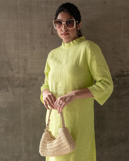 Vibrant Lime Green Back Zip Mid Linen Dress