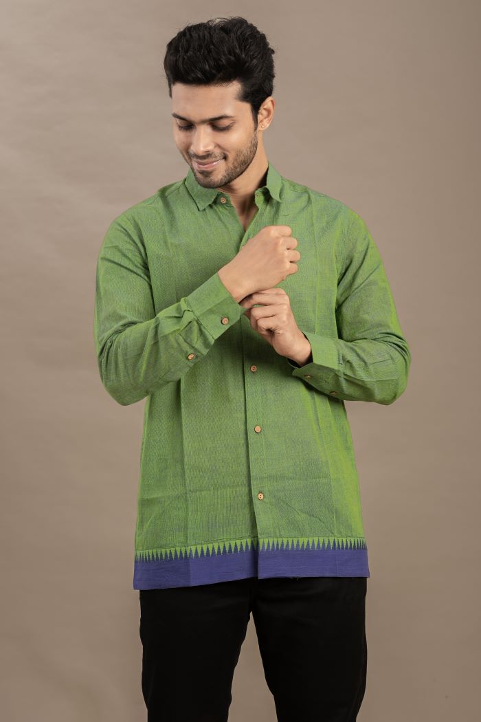 The Varma Shirt | Leaf Green with Indigo Border