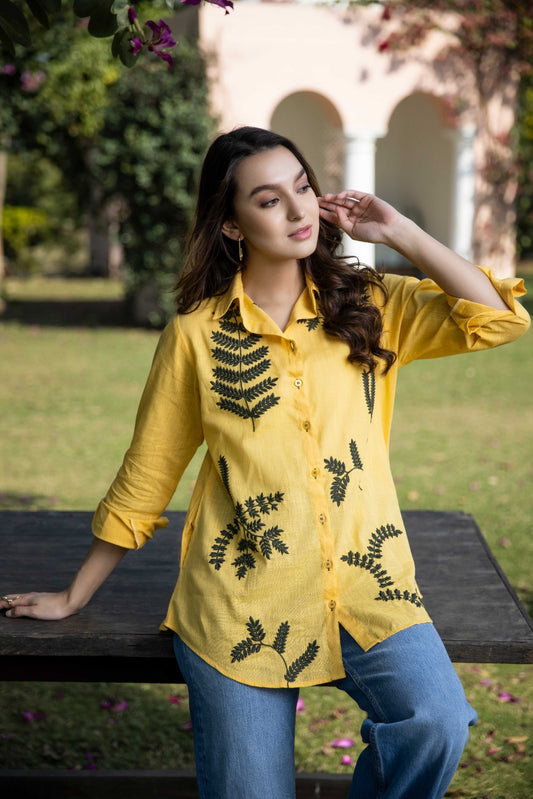 Vibrant Yellow Solid Color Front Embroidered Shirt