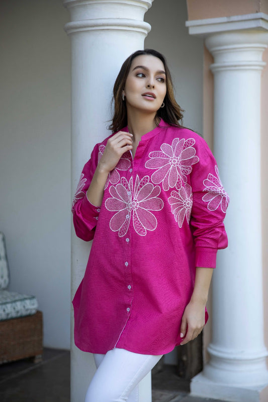 Solid Pink Front Embroidered Round neck Shirt