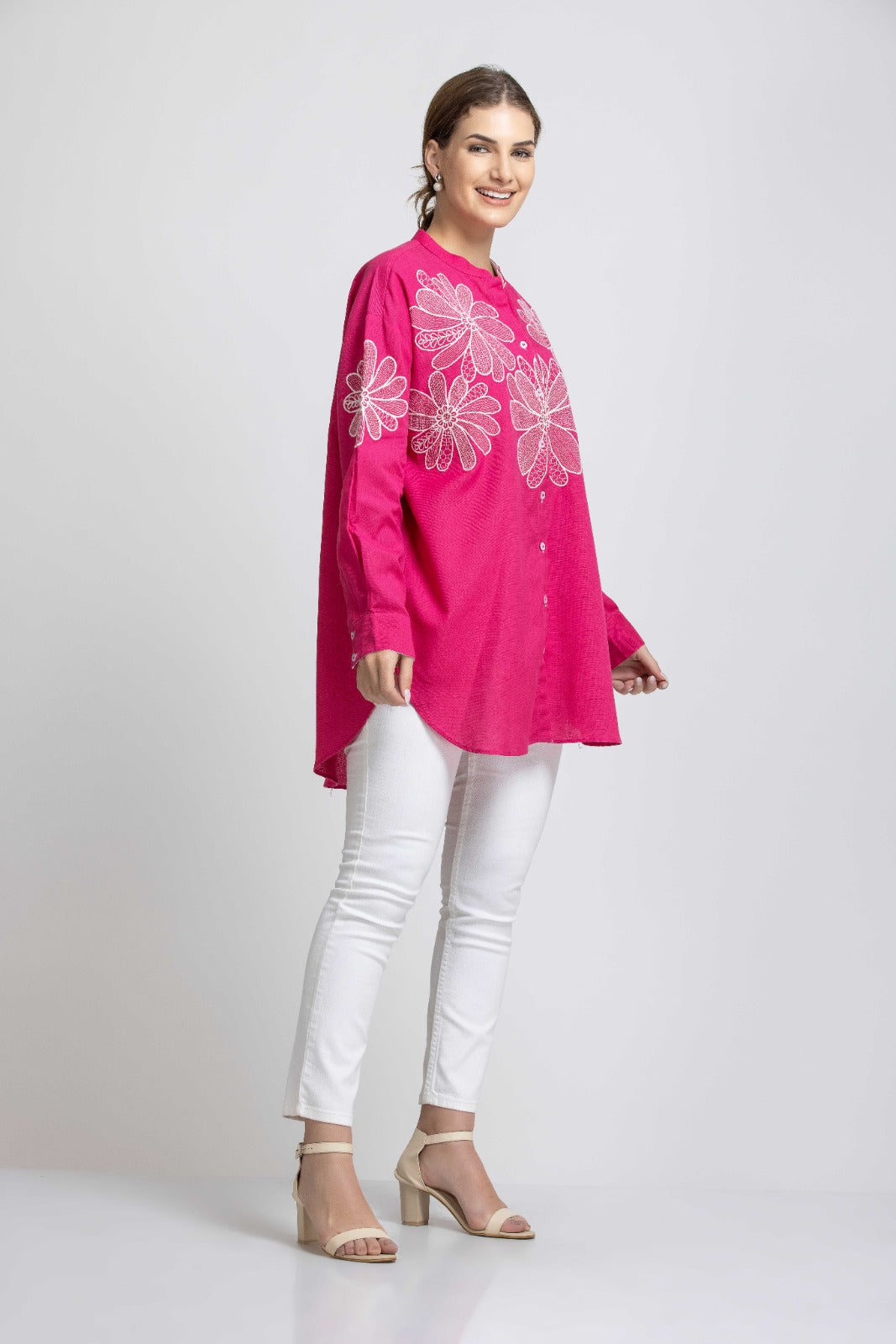 Solid Pink Front Embroidered Round neck Shirt