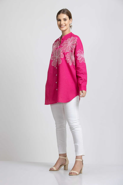 Solid Pink Front Embroidered Round neck Shirt