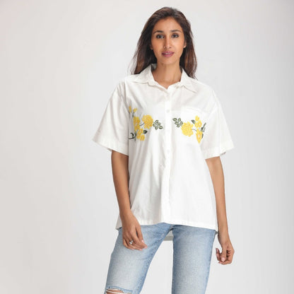 White Button up Loose Fit Shirt with Embroidered Front