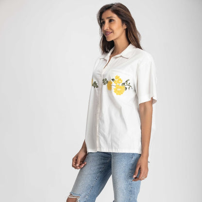 White Button up Loose Fit Shirt with Embroidered Front