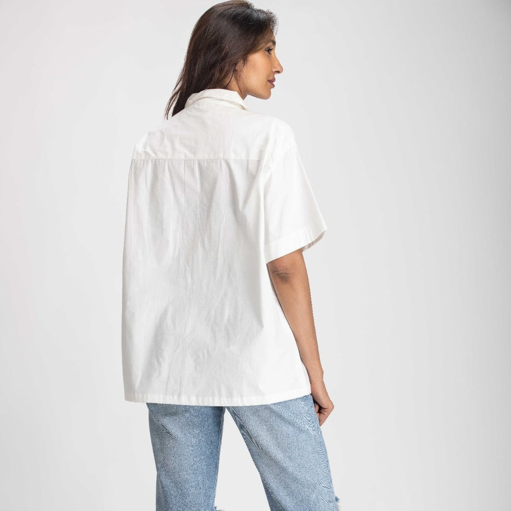 White Button up Loose Fit Shirt with Embroidered Front