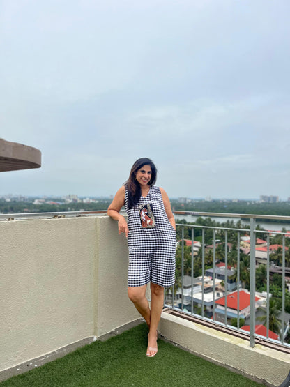 Black & White Cheetah Embroidered Sleeveless Cotton Dress