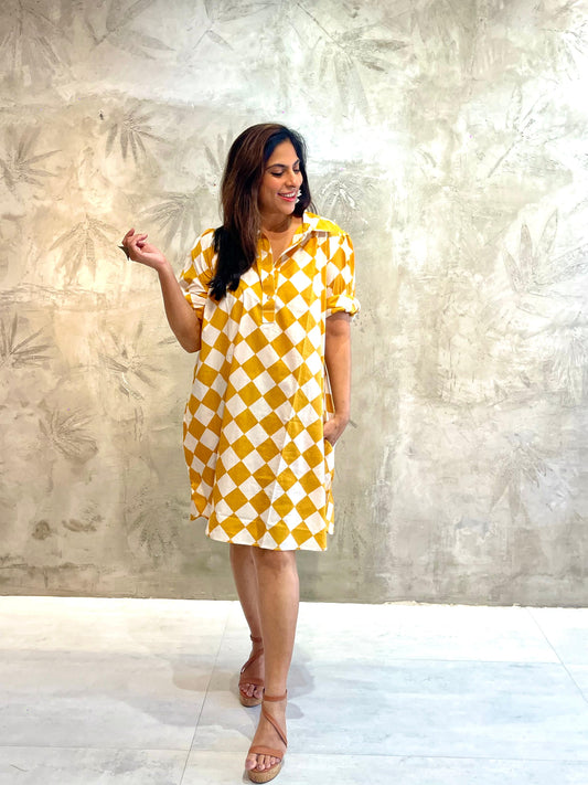 Shirt Collar Knee Length Dress Yellow