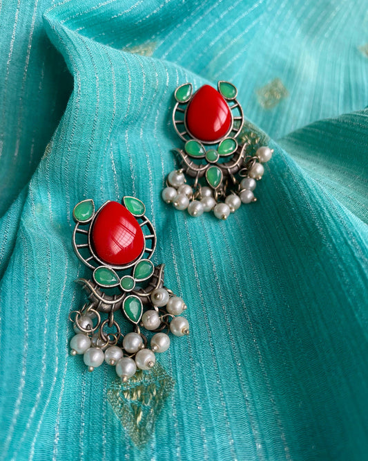 Aarohi - Red & Sea Green Mughal Earrings