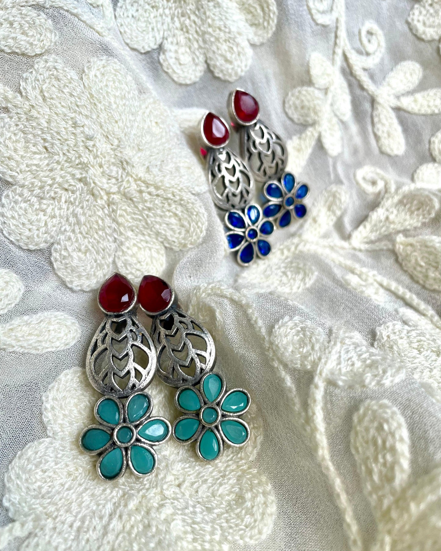 Dhwani - Floral Studs  - Sea Blue + Maroon