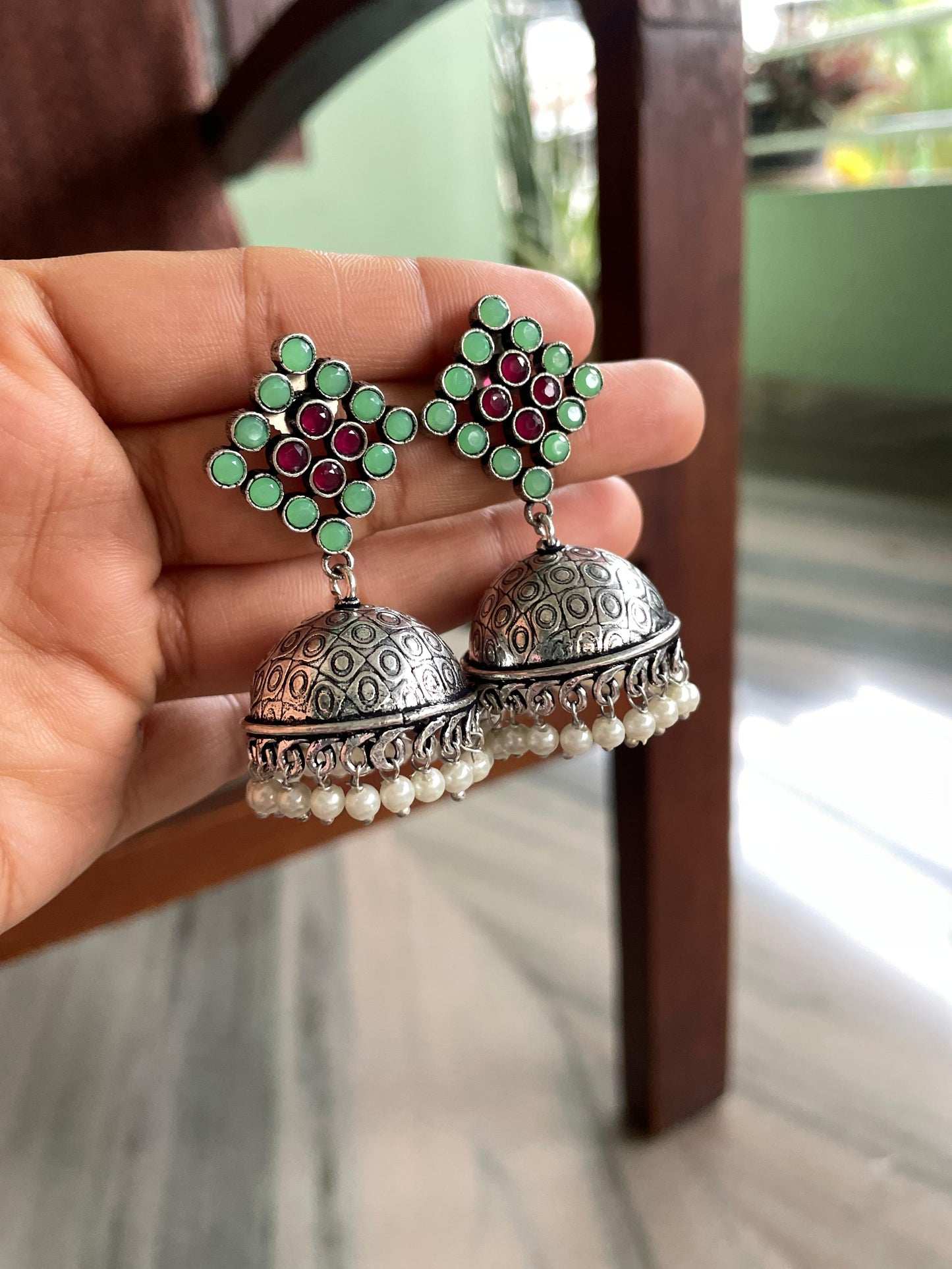 Green + Maroon Stonework Jhumkas