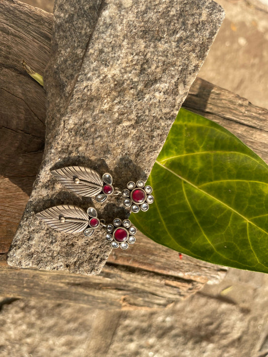 Floral + Leaf Shaped Earrings - Whitestone + Maroon