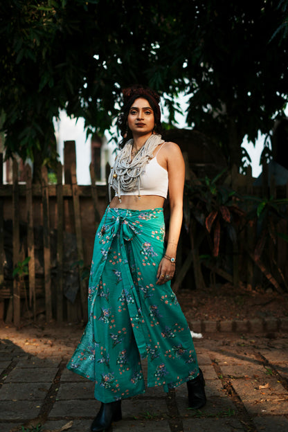 TURQUOISE FLORAL PRINTED WRAP PANT