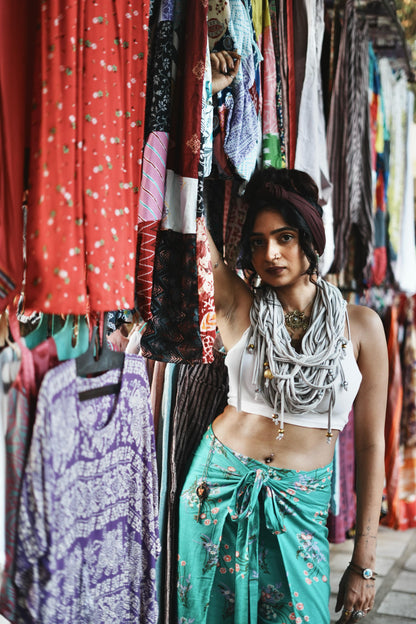 TURQUOISE FLORAL PRINTED WRAP PANT
