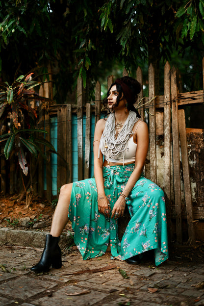 TURQUOISE FLORAL PRINTED WRAP PANT