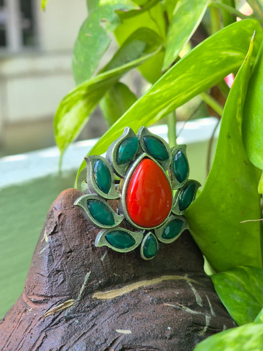 Spatika | Silver Plated Multicolour Stone Statement Ring
