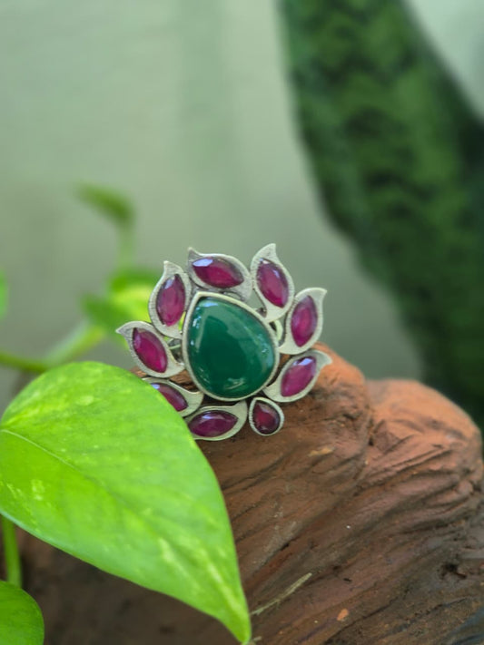 Spatika | Silver Plated Multicolour Stone Statement Ring