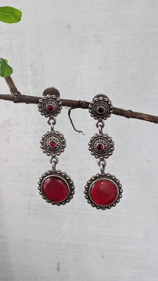 TRIPLE LAYER RED STONE EARRINGS