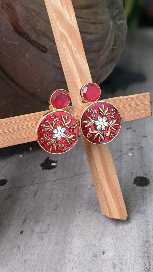 CRIMSON RED MEENAKARI DUAL DROP STUDS