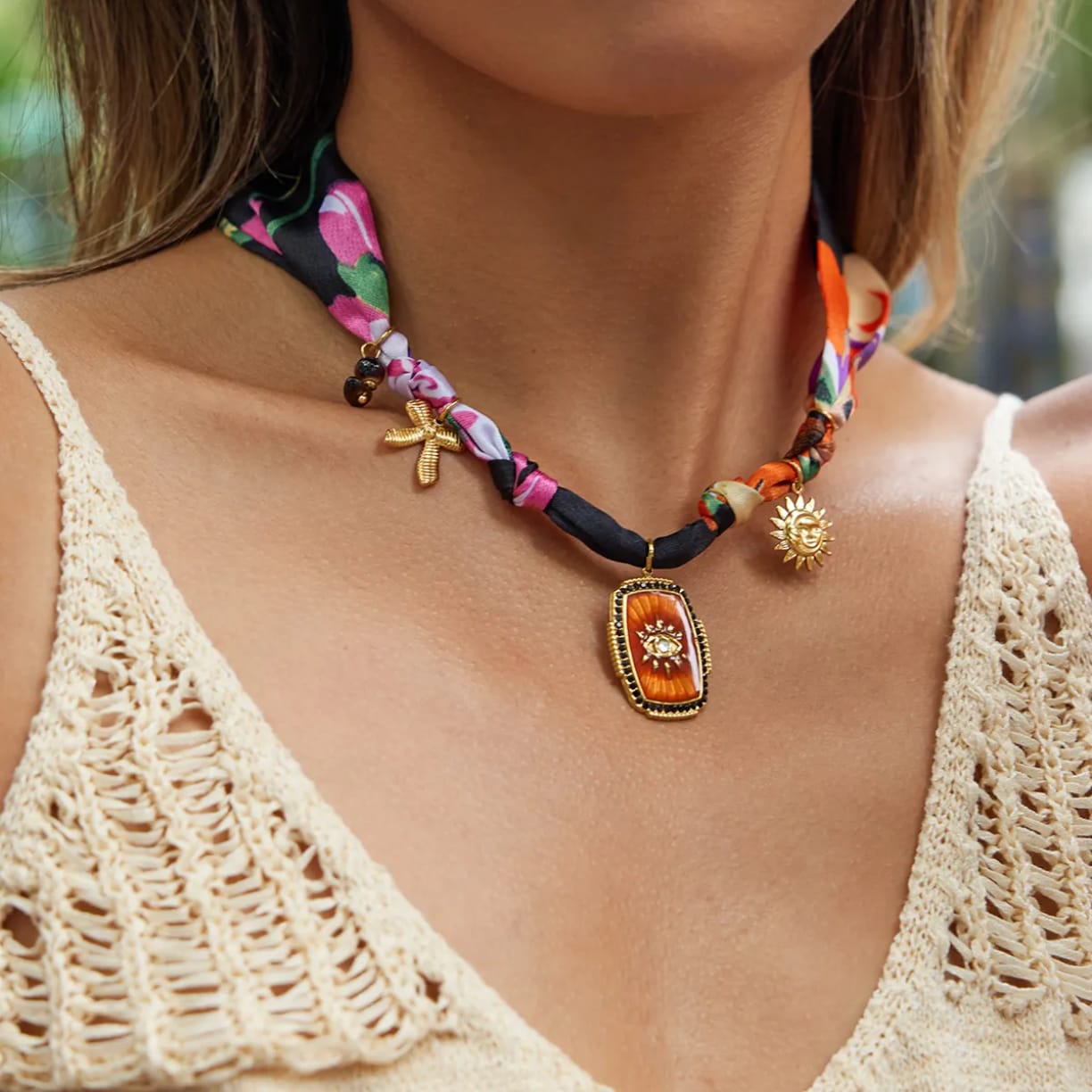 The Soleil Charm Scarf Necklace | Sun & Eye Medallion Accessory
