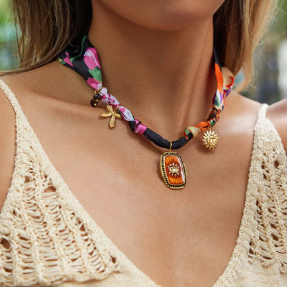 The Soleil Charm Scarf Necklace | Sun & Eye Medallion Accessory