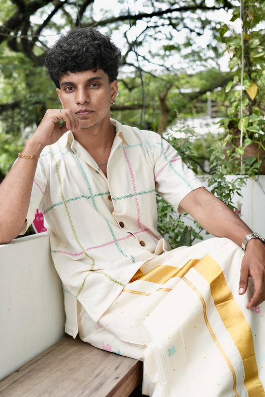 Manjari Checkered Shirt &  Mundu Set | Onam Linen Cotton Set