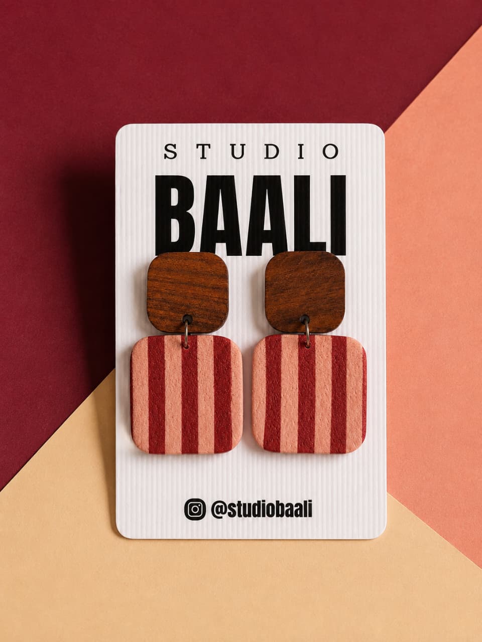 Crimson stripe polymer clay drop earrings