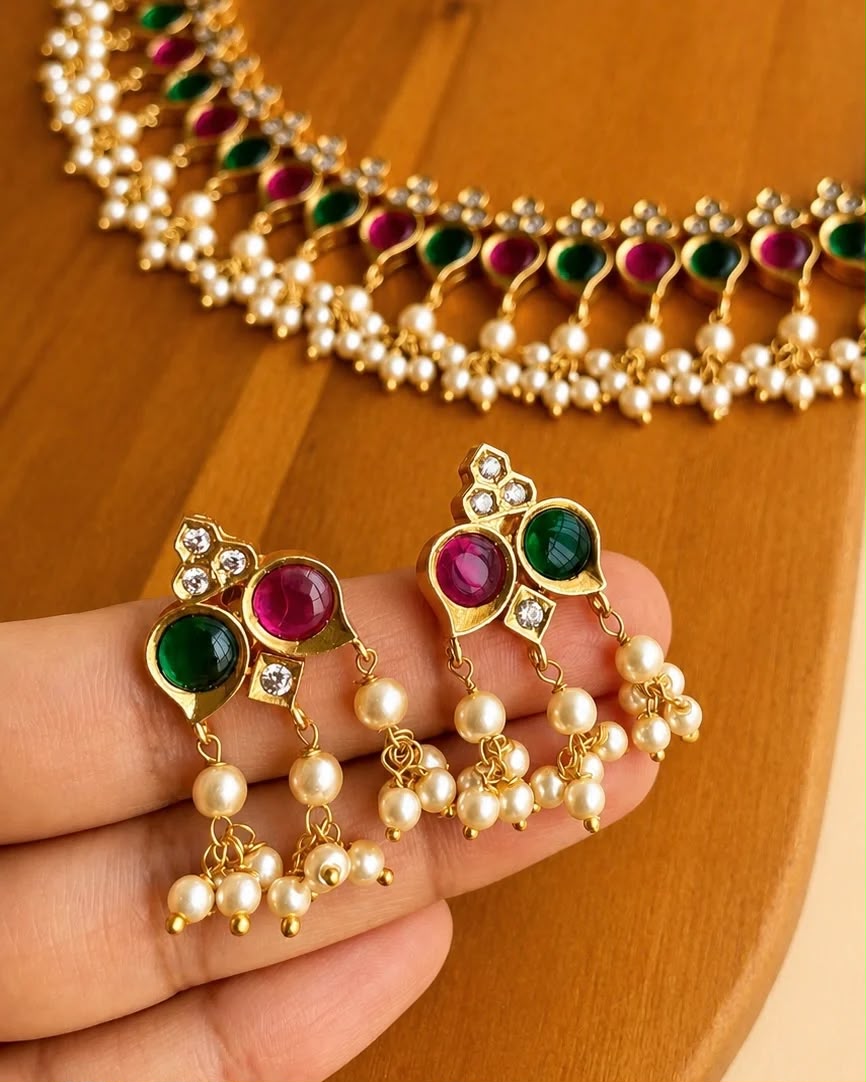 Antique Gold Kemp Stone Pearl Choker Set | House of Pallikkara