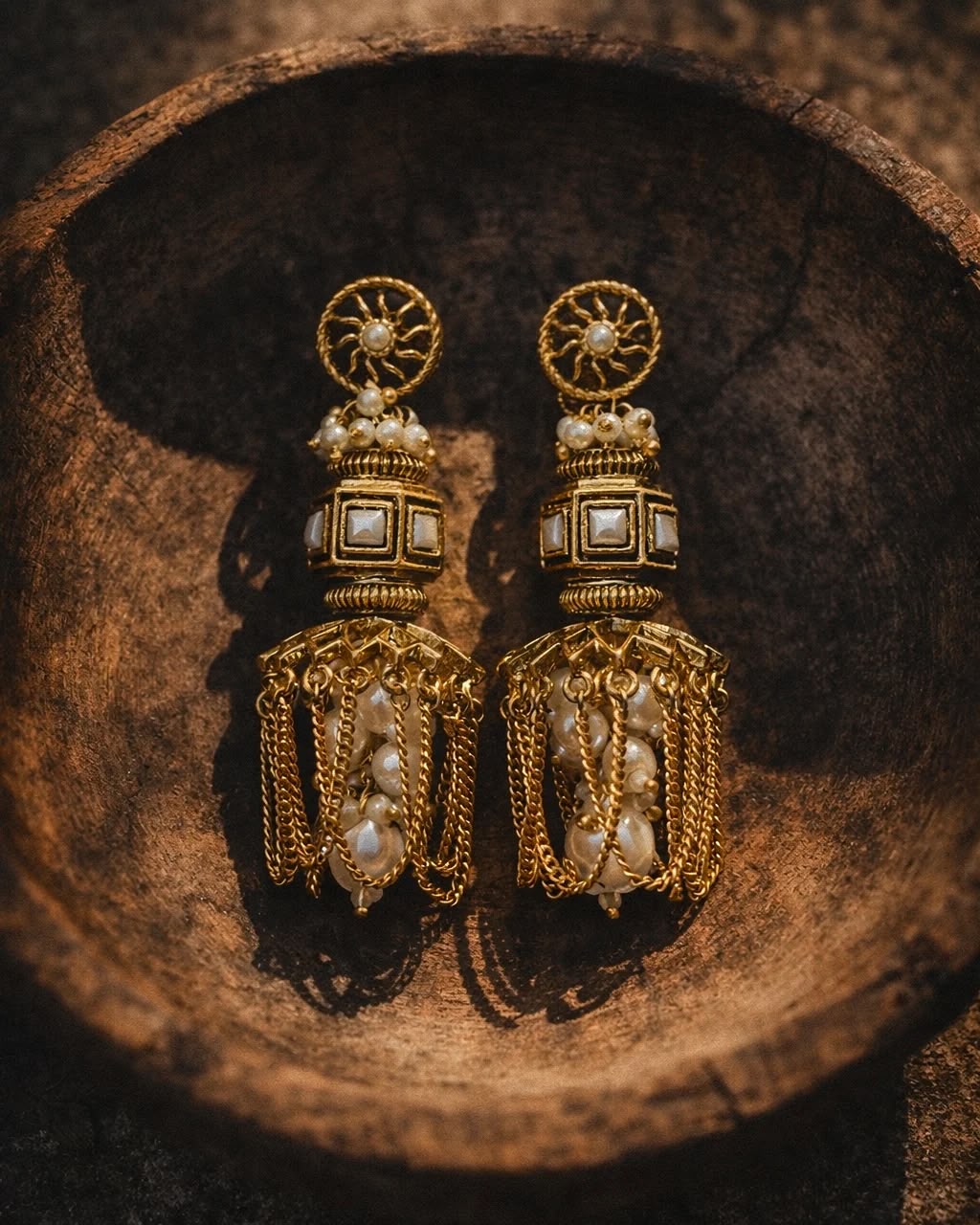 Antique Gold Jhumka Earrings with Pearl Drape | House of Pallikkara