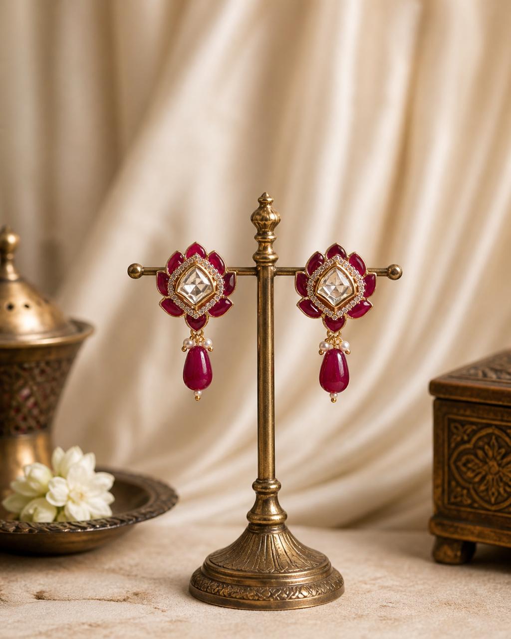 Kundan Gold-Plated Floral Stud Earrings, Red | House of Pallikkara