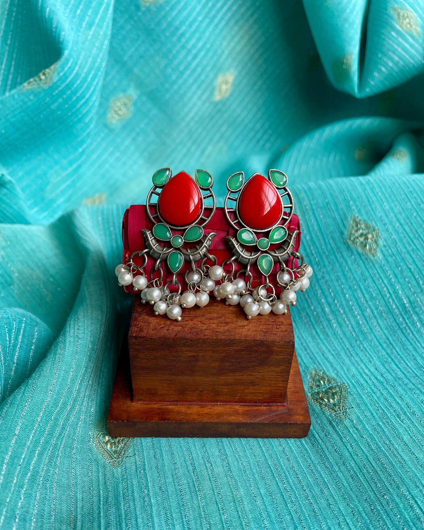 Aarohi - Red & Sea Green Mughal Earrings