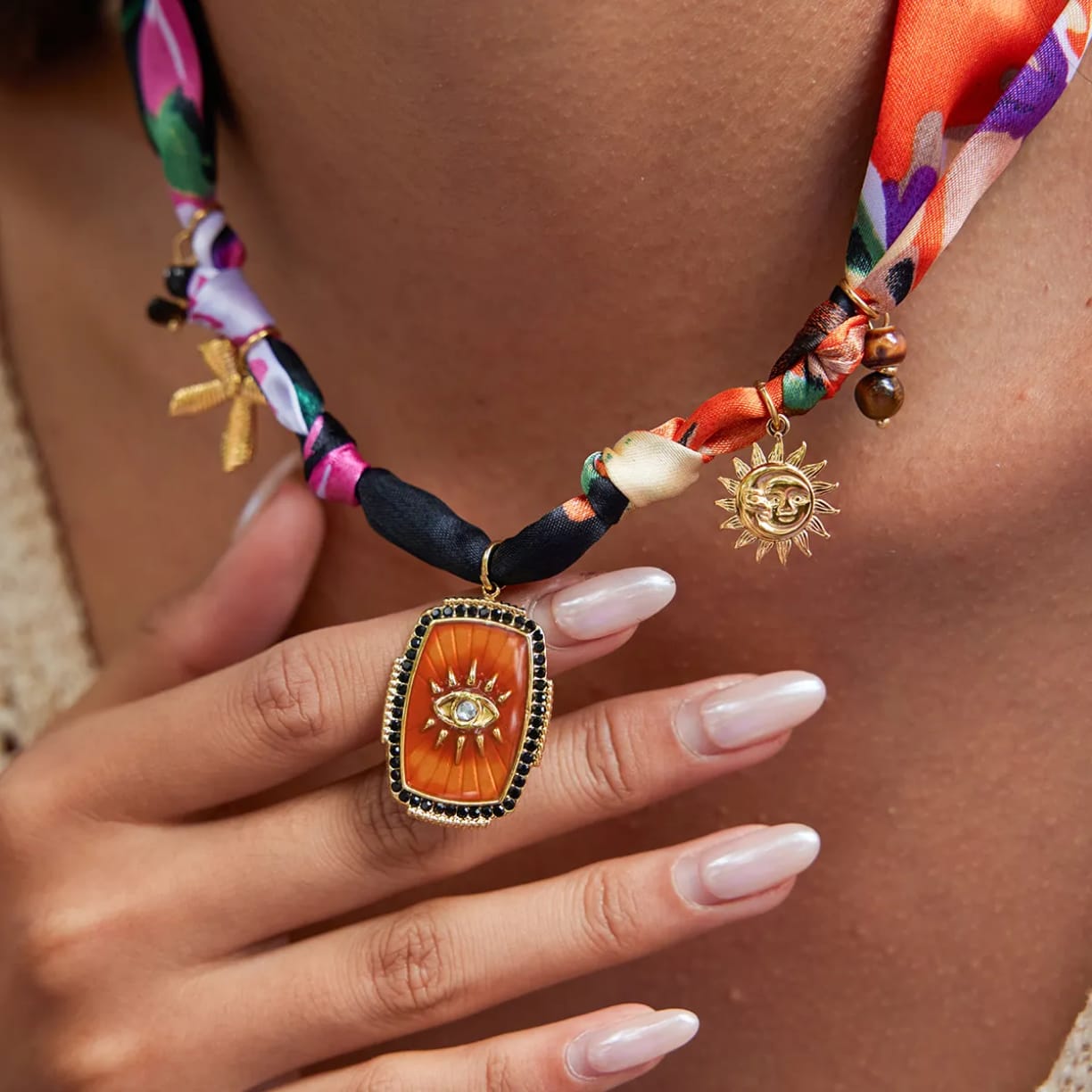 The Soleil Charm Scarf Necklace | Sun & Eye Medallion Accessory