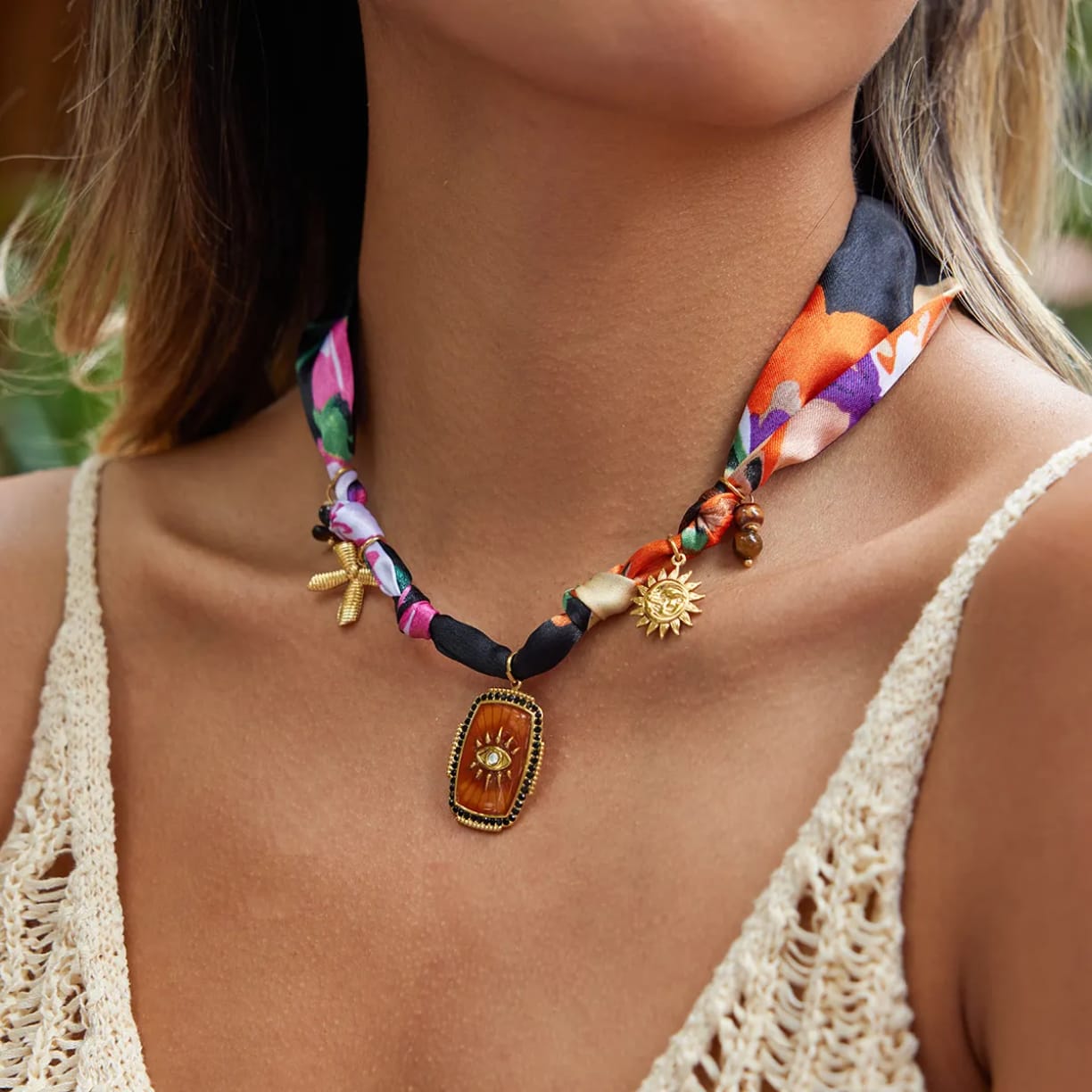 The Soleil Charm Scarf Necklace | Sun & Eye Medallion Accessory