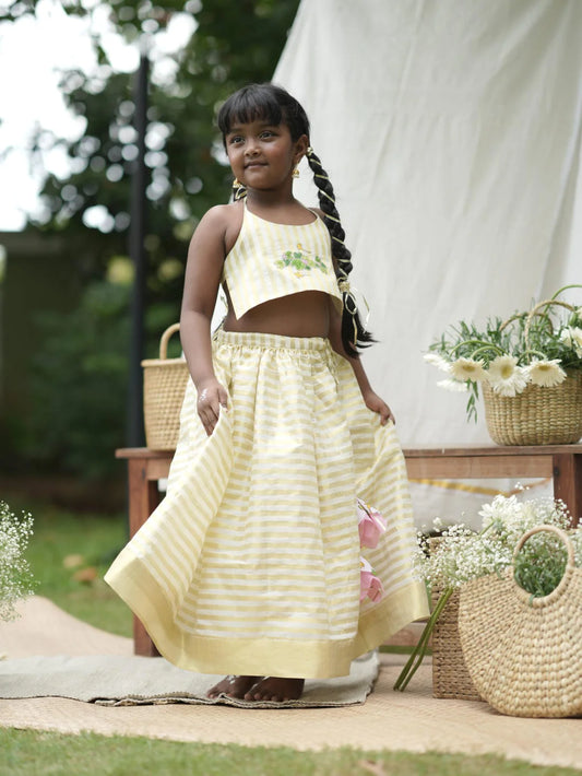 Zara Kamalam Embroidered Blouse & Onam Kasav Stripe Skirt Set
