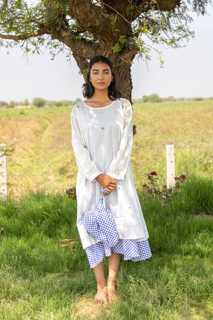 WHITE HARVEST DRESS WITH CHECK SLIP DRESS