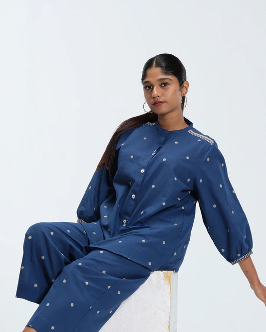 Navy Blue Polka Cotton Woven Co-Ord Set