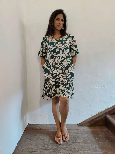 Green Floral Print Mid Length Dress